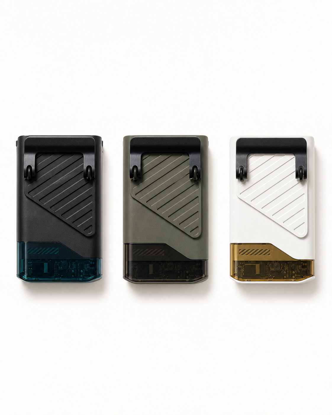 Lunrevo Fold Air portable fan color options: black, olive green, and off-white