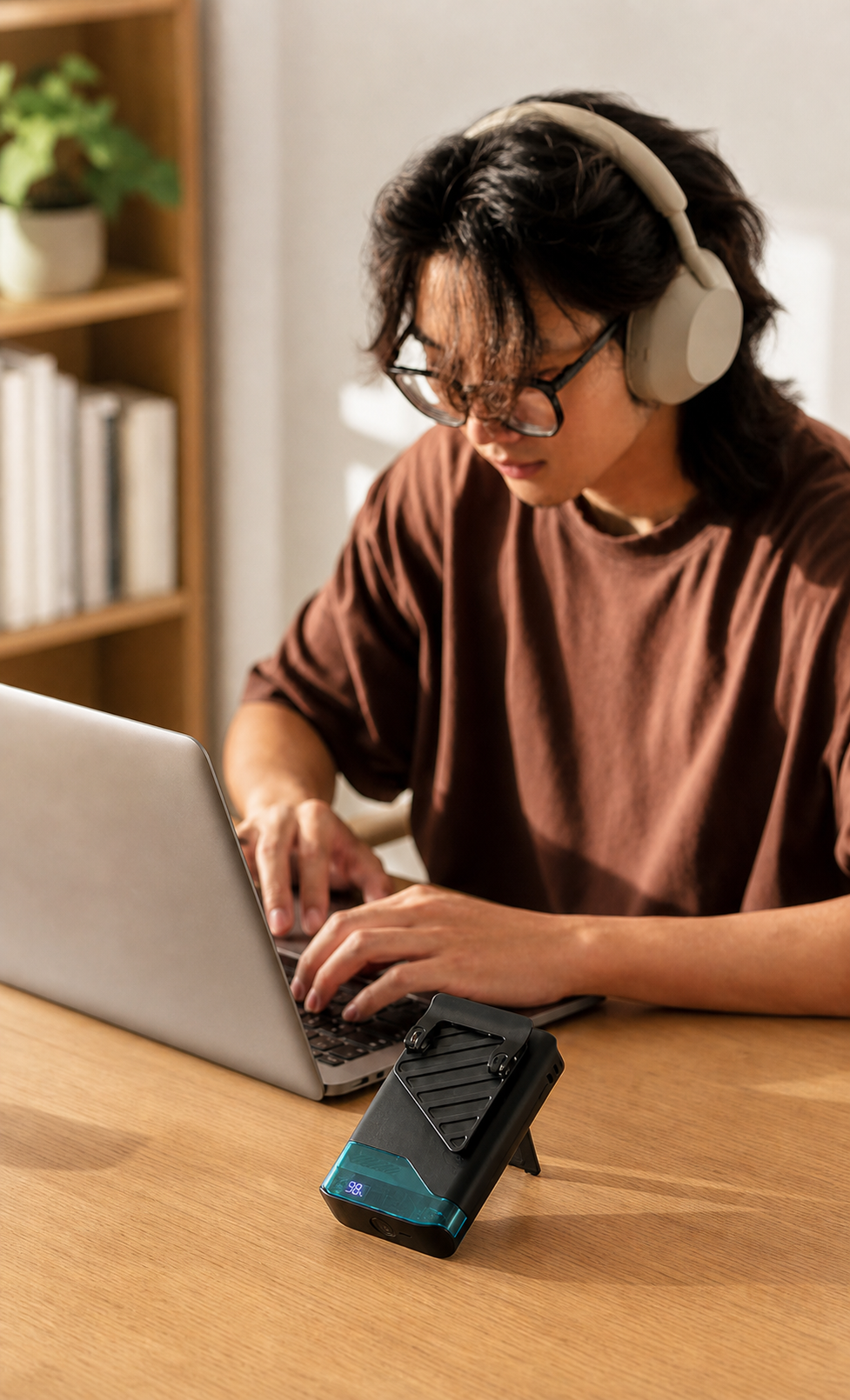 Lunrevo Fold Air black portable fan in a desk workspace