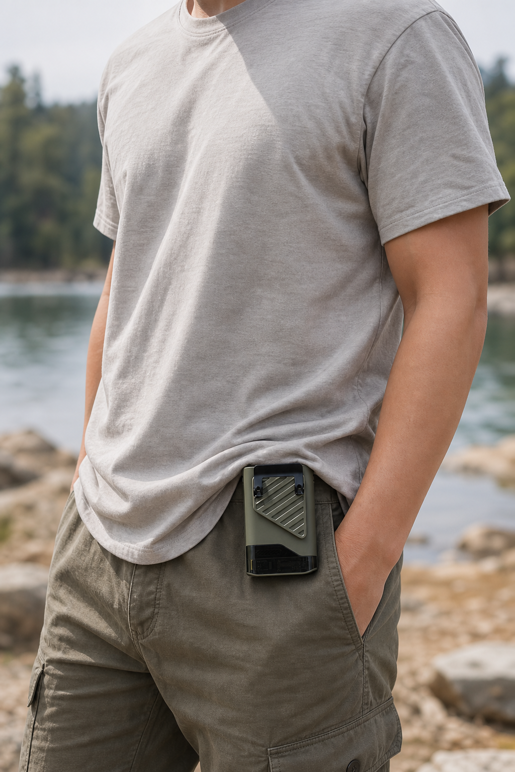 Lunrevo Fold Air olive green portable fan clipped at the waist outdoors